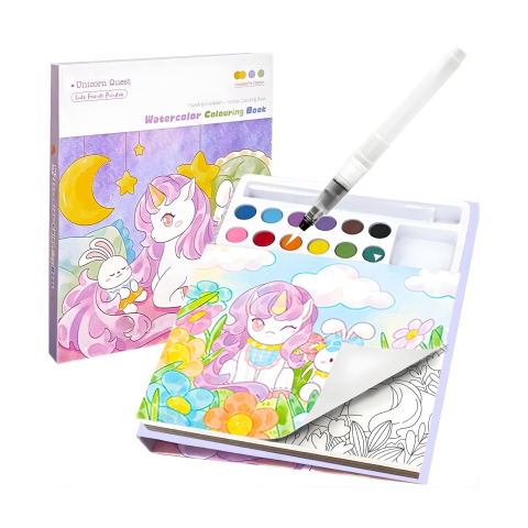 Set pictură și desen - Carte de colorat cu acuarele pentru copii, model unicorn, 12 culori, pensula reutilizabila cu apa, 20 foi carton, 15.7 x 18.8 x 1.8 cm, mov