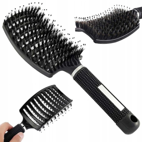 Perie de par, peri de mistret si nylon, curbata, design ergonomic, pentru descurcarea parului, negru, 24.5 x 6.5 cm [11]