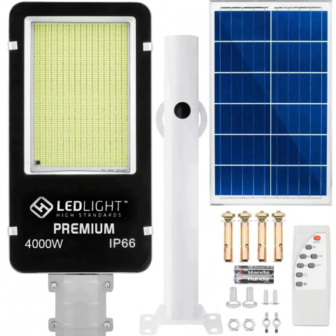 Iluminat LED - Lampa solara, putere 4000 W, 1648 LED-uri, suport pentru perete, stalp, complet rezistenta la fenomene meteo (protectie IP66), telecomanda inclusa, negru