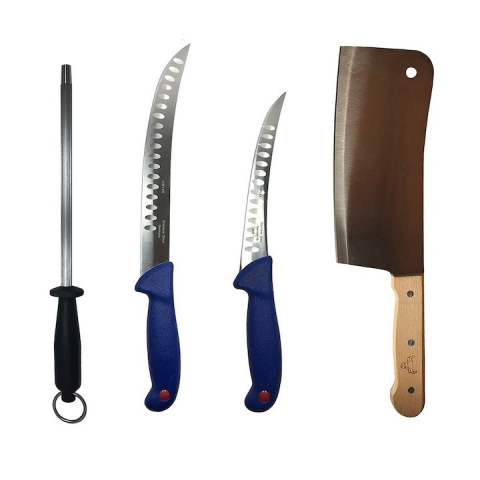 Cutite si tacamuri - Set profesional de macelarie, transat, degresat, dezosat, otel carbon, 2 cutite, masat pentru ascutit, satar