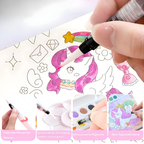 Carte de colorat cu acuarele pentru copii, model unicorn, 12 culori, pensula reutilizabila cu apa, 20 foi carton, 15.7 x 18.8 x 1.8 cm, mov [8]