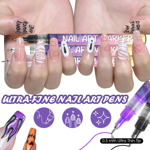 Set 12 markere acrilice pentru unghii, varf fin 0.5 mm, nail art, manichiura DIY, uscare rapida, 13 x 10 cm, multicolor [4]