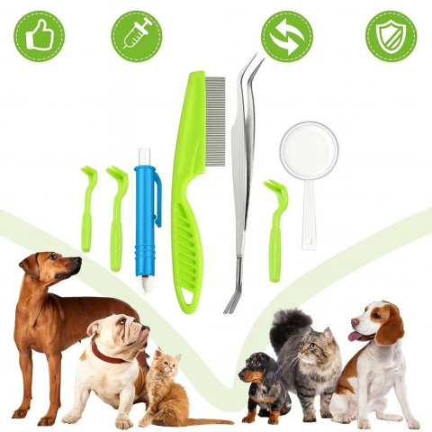 Kit pentru indepartarea capuselor, 7 piese, carlige, pensete, lupa, pieptene, carcasa depozitare [7]