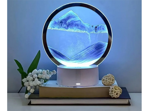 Lampa decorativa tip clepsidra cu efect 3D de nisip in miscare, LED, albastru, alimentare USB sau 3 baterii AA, baza alba, diametru 16 cm [4]