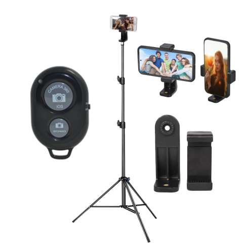 Trepiezi - Trepied foto video 180 cm aluminiu cu telecomanda bluetooth si suport telefon rotabil 360 landscape-portret, reglabil 5.3–8 cm, 3 segmente, 3 kg, filet 1/4