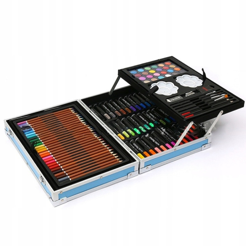 Set creativ de pictura si desen pentru copii, 145 piese, model dinozaur, 34 x 23 x 8 cm, albastru, valiza metalica pentru depozitare [10]