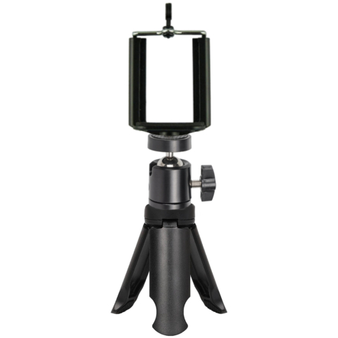 Suport telefon universal cu clips, cap cu bila reglabil si mini trepied de masa, montura 1/4 inch, ABS + metal, negru