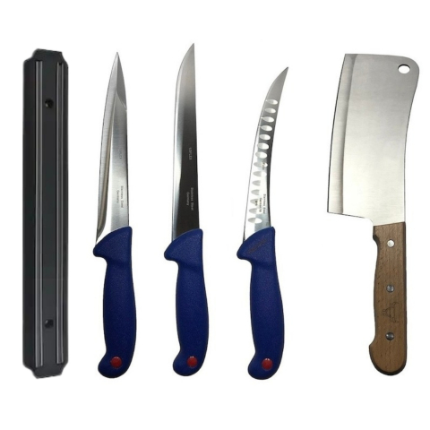 Cutite si tacamuri - Set profesional de macelarie, filetat, transat, injunghiat, dezosat, otel carbon, 3 cutite, satar, suport magnetic