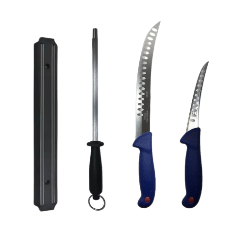 Cutite si tacamuri - Set profesional de macelarie, fasonat, transat, degresat, dezosat, 2 cutite, suport magnetic, masat pentru ascutit