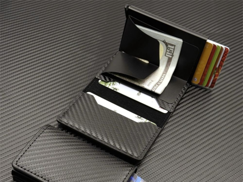 Portofel pentru barbati, protectie antifurt RFID, compact, piele ecologica, 10 x 6.5 x 2 cm, negru [3]