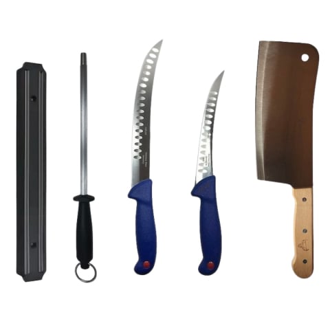 Cutite si tacamuri - Set profesional de macelarie, transat, degresat, dezosat, otel carbon, 2 cutite, masat pentru ascutit, suport magnetic, satar