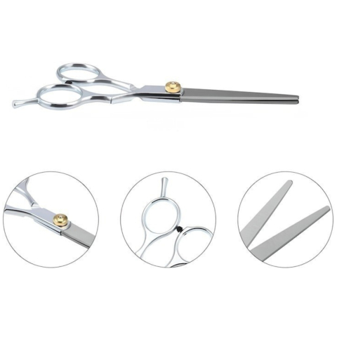 Foarfeca de tuns pentru coafura si frizerie, otel inoxidabil, 15 cm, design ergonomic, surub reglabil, lame 5.6 cm, ideala pentru incepatori, argintiu cu detalii aurii [1]