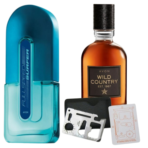 Set Ingrijire barbati - Set apa de toaleta Full Speed Surfer 75 ml, apa de toaleta Wild Country 75 ml, card multifunctional de supravietuire, otel inoxidabil