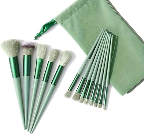 Set 13 pensule pentru machiaj, sintetice, maner plastic, soft, portabil, husa inclusa, verde [15]