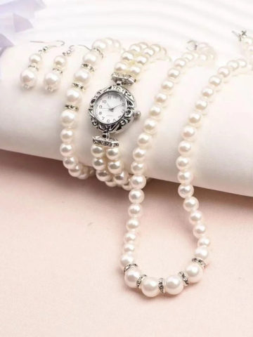 Set bijuterii dama, ceas, cercei, bratara, colier, perle, alb, cutie inclusa [2]