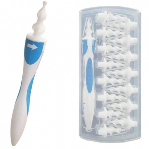 Ustensile îngrijire - Dispozitiv pentru curatarea urechilor, 16 varfuri silicon, design spiralat, alb/albastru
