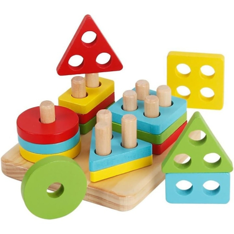 Jucarie educativa pentru copii, Montessori, sortare forme geometrice, 16 piese, 3+ ani, lemn, 12 x 12 x 5 cm, multicolor [2]