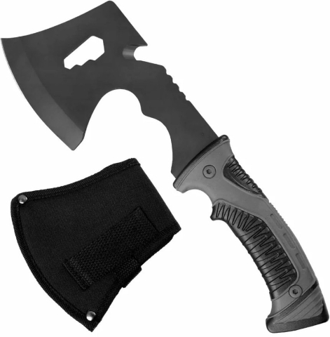 SPORT ȘI ACTIVITĂȚI - Topor camping, multifunctional, lama otel, maner cauciuc, 30 cm, husa protectie, gri