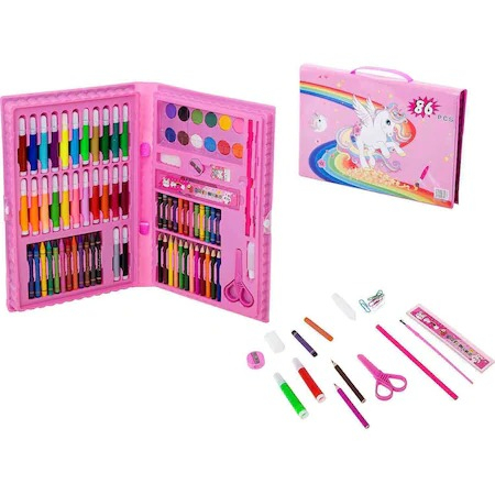 Set,trusa completa pentru copii,desenat,colorat si pictat,86 piese,trusa inclusa - Roz [2]