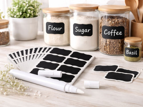 Set 192 etichete autoadezive, marker alb inclus, PVC, reutilizabil, 5.5 x 3.5 cm, universal, pentru plastic, metal, sticla, negru [10]