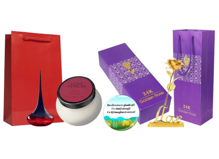 Pungi cadou - Set cadou pentru Ea, parfum de femei Love Potion insotit de crema corp, trandafir auriu din plastic suflat la baza cu aur si insigna Dactylion cu mesaj motivational