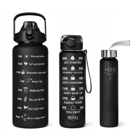 CASA & GRADINA - Set 3 sticle de apa, mesaje motivationale, plastic, pai, 2000 ml, 900 ml, 300 ml, fara BPA, negru