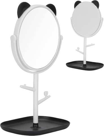 Oglinda cosmetica, cu urechi, baza pentru bijuterii, diametru 15 cm, design rotativ 360°, plastic, 30 x 16.5 cm, alb/negru [1]