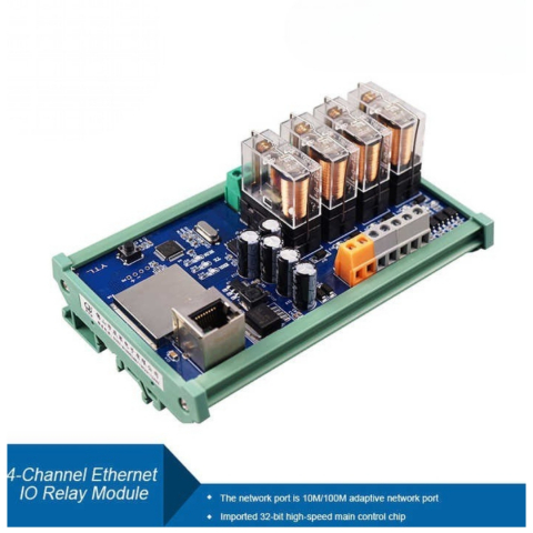 Modul releu 4 canale Ethernet Input/Output; alimentare 24V DC; Port Comunicatie Ethernet RJ45; protocol Modbus TCP; suport montare pe sina; ABS; multicolor; extensie pentru PLC. [1]