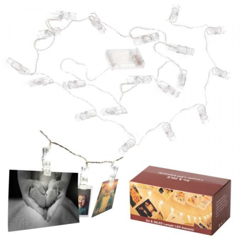 ELECTRONICE - Ghirlanda luminoasa, 10 becuri LED, clipsuri pentru fotografii, lungime cablu 1.5 m, alb cald