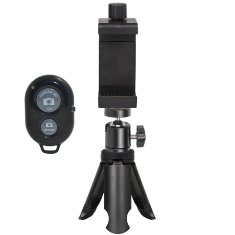 ECHIPAMENTE FOTO - Trepied de masa 8.5 cm cu cap de bila metalic 360°, suport telefon extensibil 5.5–10 cm si telecomanda bluetooth universala, montura 1/4 inch, ABS negru