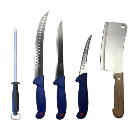 Cutite si tacamuri - Set profesional de macelarie, transat, injunghiat, dezosat, filetat, 3 cutite otel carbon, satar, masat pentru ascutit
