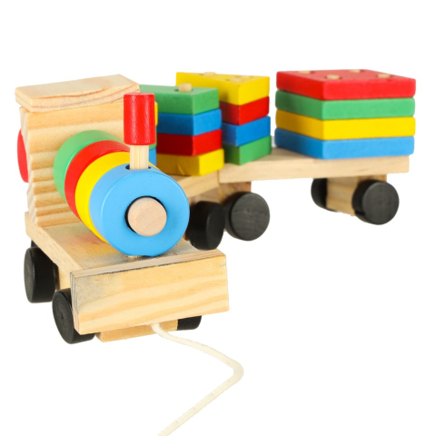 Trenulet de jucarie, locomotiva cu 2 vagoane, lemn, forme geometrice, 30 x 9 x 6 cm, multicolor [3]