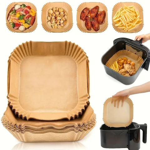Set 100 hartii de copt pentru air fryer, cuptor, de unica folosinta, antiderapante, forma patrata, 16 x 16 cm, maro [1]