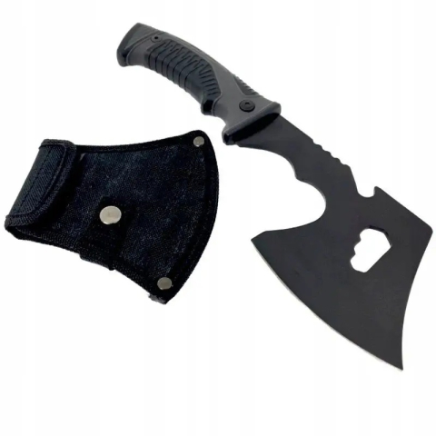 Topor camping, multifunctional, lama otel, maner cauciuc, 30 cm, husa protectie, gri [3]