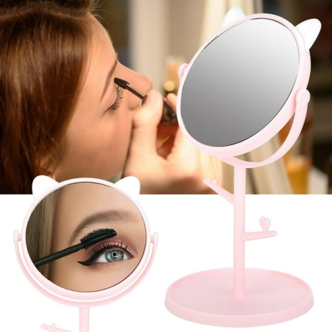 Oglinda cosmetica, model cu urechi, rotativa 360°, diametru 15 cm, plastic, suport pentru bijuterii, 30 x 16.5 cm, alb/roz [10]