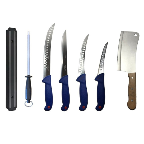 CASA & GRADINA - Set 4 cutite profesionale de macelarie, filetat, injunghiat, transat, dezosat, otel carbon, satar, suport magnetic, masat pentru ascutit