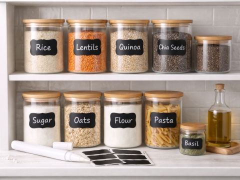 Set 192 etichete autoadezive, marker alb inclus, PVC, reutilizabil, 5.5 x 3.5 cm, universal, pentru plastic, metal, sticla, negru [9]