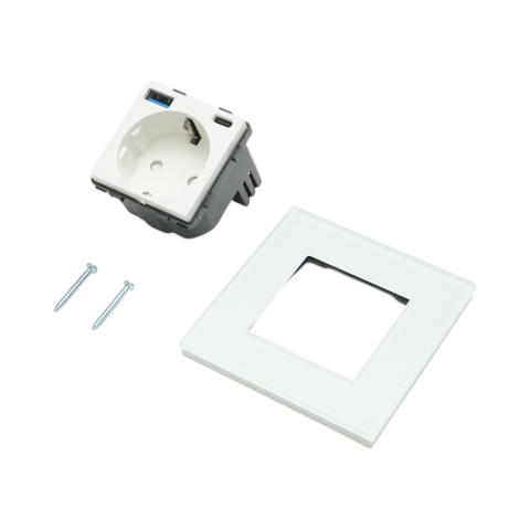 Priza Schuko, USB A si USB C, 220V, 16A, rama sticla, incarcare rapida 20 W, 8.6 x 8.6 x 3.4 cm, alb [1]