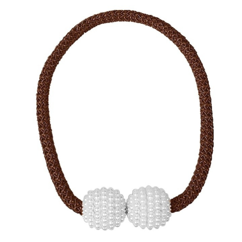 Magneti draperii - Magnet decorativ pentru perdele si draperii, catarama cu perle si curea cu textura tesuta, poliester, 48 cm, maro