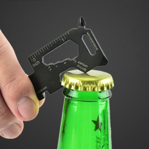 Breloc multifunctional din otel inoxidabil, suport telefon, surubelnita, rigla, desfacator sticle, pentru camping si drumetii, negru, 3 x 7 cm [11]