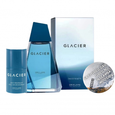 Cutii cadou - Set Apa de parfum Glacier 100 ml, roll-on antiperspirant pentru barbati 50ml si Insigna dactylion cu mesaj motivational, Oriflame