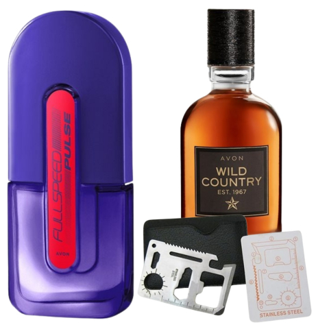 Set Ingrijire barbati - Set apa de toaleta Full Speed Pulse 75 ml, apa de toaleta Wild Country 75 ml, card multifunctional de supravietuire, otel inoxidabil