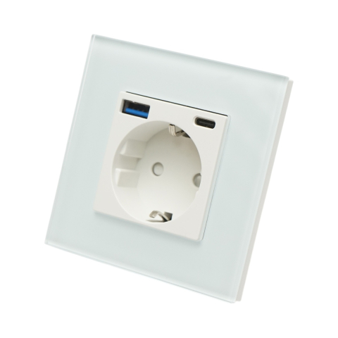 Diverse - Priza Schuko, USB A si USB C, 220V, 16A, rama sticla, incarcare rapida 20 W, 8.6 x 8.6 x 3.4 cm, alb