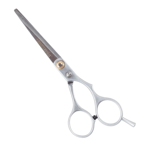 Ustensile îngrijire păr - Foarfeca de tuns pentru coafura si frizerie, otel inoxidabil, 15 cm, design ergonomic, surub reglabil, lame 5.6 cm, ideala pentru incepatori, argintiu cu detalii aurii