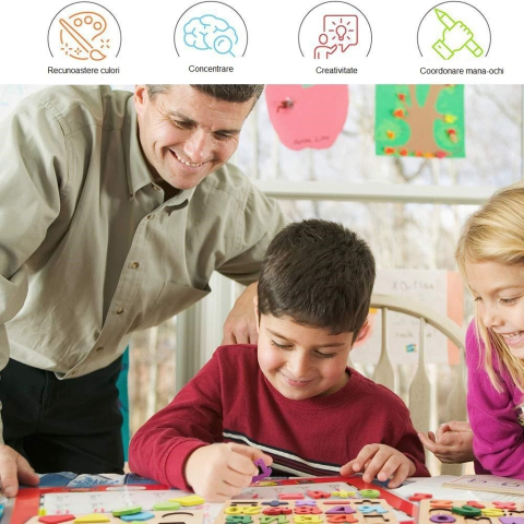 Tabla cu cifre si simboluri pentru copii, puzzle educativ, 25 piese, Montessori, lemn, 20 x 20 cm, multicolor [6]