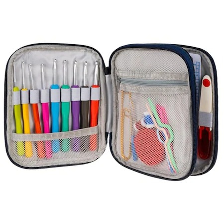 Mercerie - Set de Crosetat 85 Piese, Ace si Acesorii, Geanta depozitare cu fermoar, accesorii multicolore