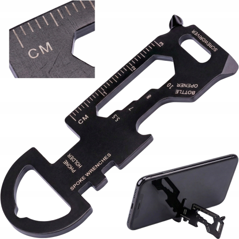 Breloc multifunctional din otel inoxidabil, suport telefon, surubelnita, rigla, desfacator sticle, pentru camping si drumetii, negru, 3 x 7 cm [8]