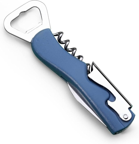 CASA & GRADINA - Tirbuson pentru sticle, desfacator, multifunctional, 4 in 1, otel inoxidabil, 13.5 x 4 cm, albastru inchis