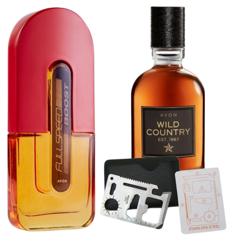 Set Ingrijire barbati - Set apa de toaleta Full Speed Boost 75 ml, apa de toaleta Wild Country 75 ml, card multifunctional de supravietuire, otel inoxidabil