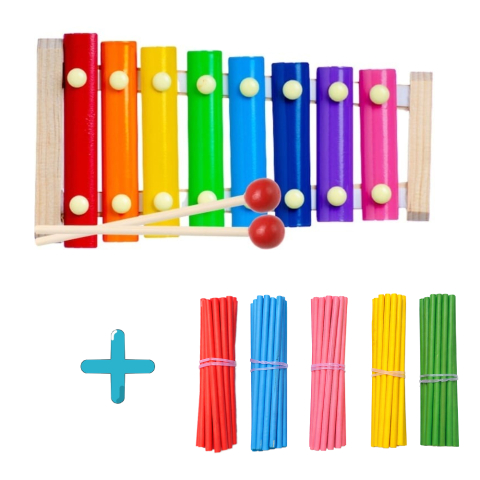 JOCURI ȘI JUCĂRII - Xilofon din lemn colorat + betisoare de numarat, set educativ muzical pentru copii, invatare prin joaca